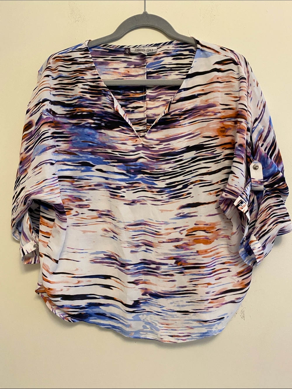 Jennifer Lopez Multicolor Blue & Orange V-Neck Dolman Blouse